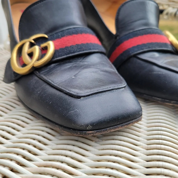 GUCCI Peyton Pearl GG Embellished Web Black Leather Mid-Heel Loafers 37 - Picture 2 of 13